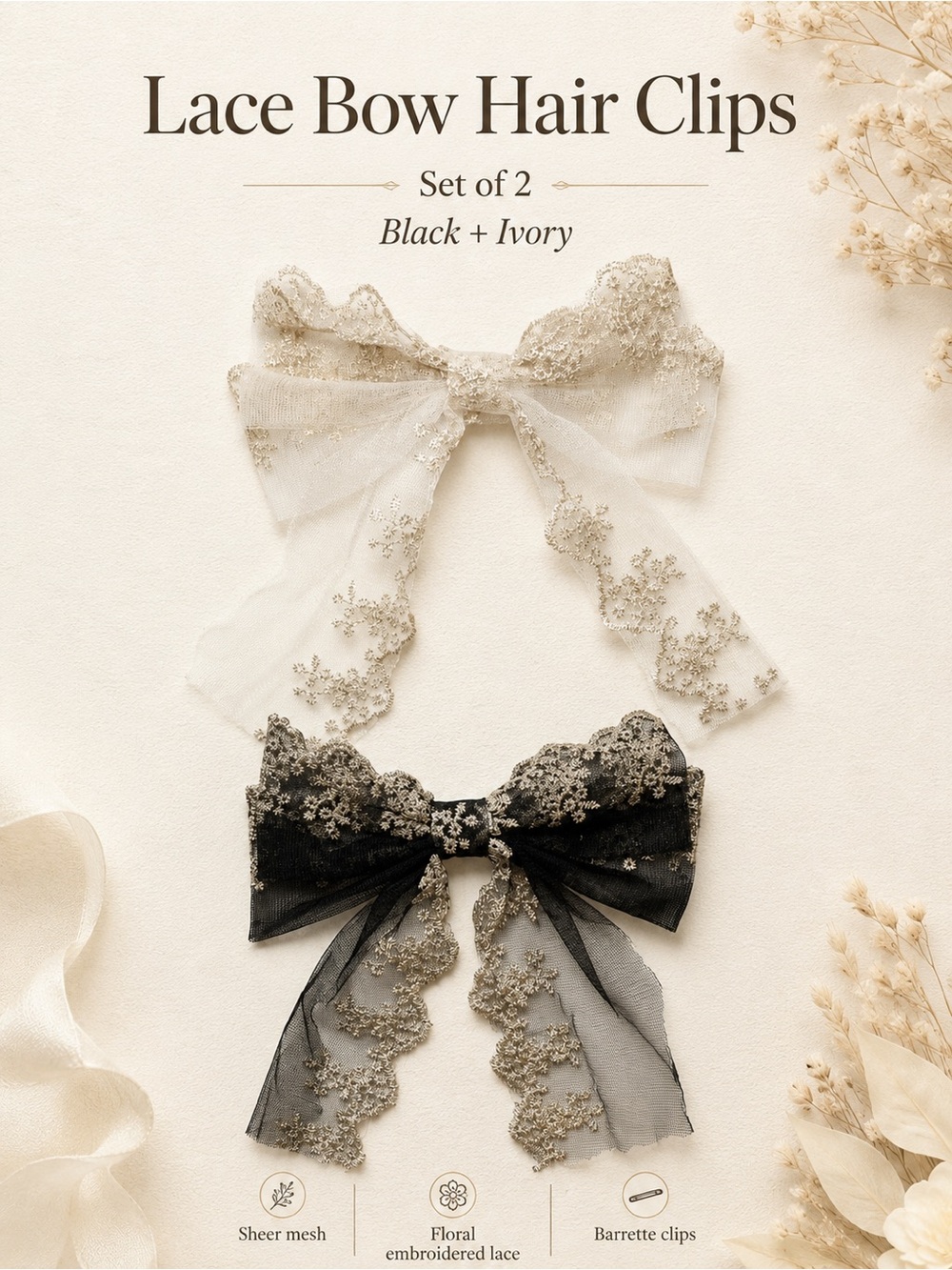 Lace Bow Hair Clips Set of 2 | Black & Ivory Embroidered Barrettes